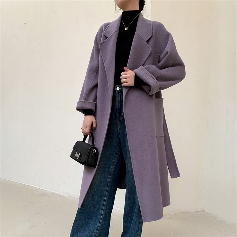 翻领双面羊绒大衣女中长款2024新款秋冬毛呢外套,女装双面呢大衣,鹿展羊绒大衣