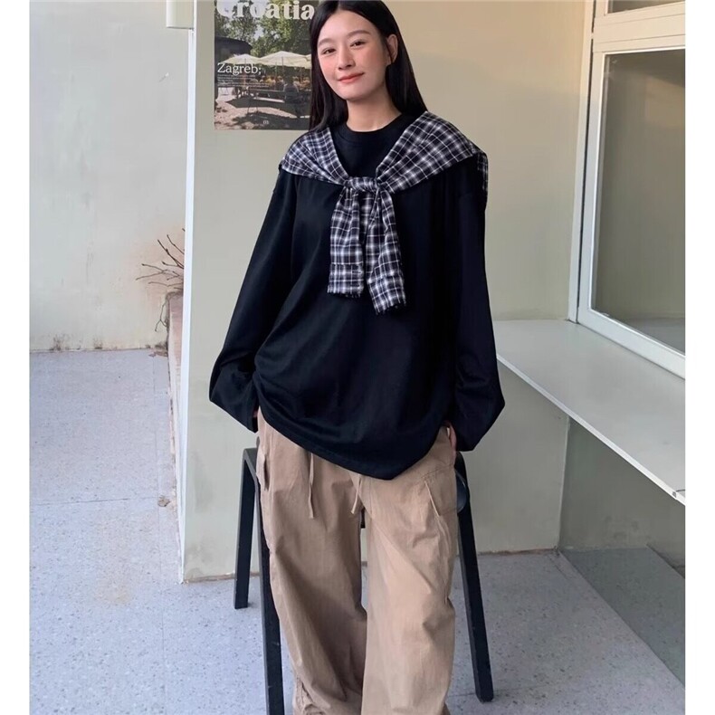【有货】DT1806-特P58美式披肩格子设计假两件绑带长袖t恤男女潮,男装T恤,星座603-2