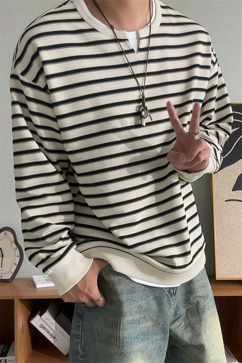 秋季重磅300g条纹假两件亨利领男宽松长袖卫衣W24548-特P45控88,男装卫衣,电商A001-1