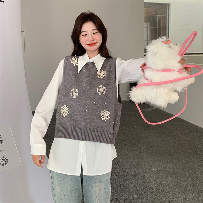 时尚设计感立体花朵针织马甲套装女2025春季小个子气质衬衫两件套,女装马甲,维壹