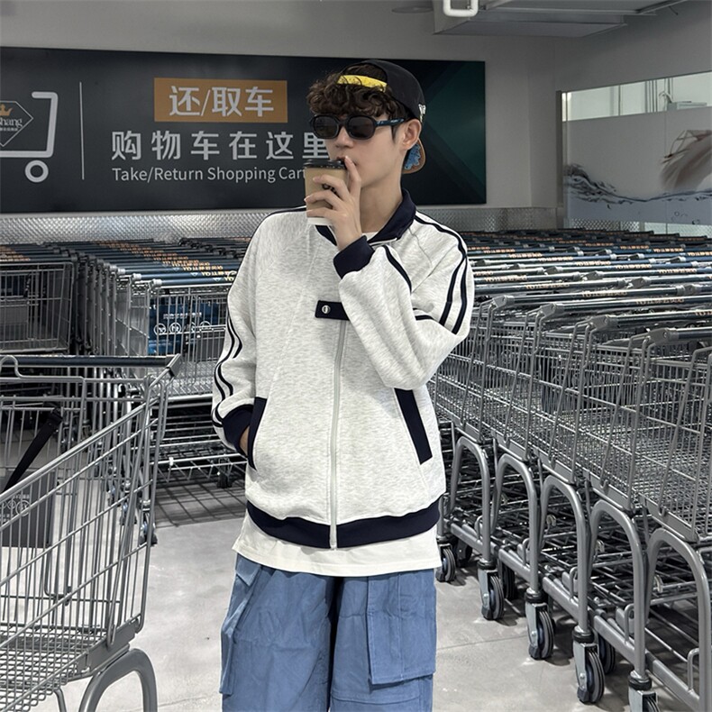 抖音得物品质秋冬美式高街重磅结构拼接织带翻领卫衣夹克外套W113,男装夹克,电商A486