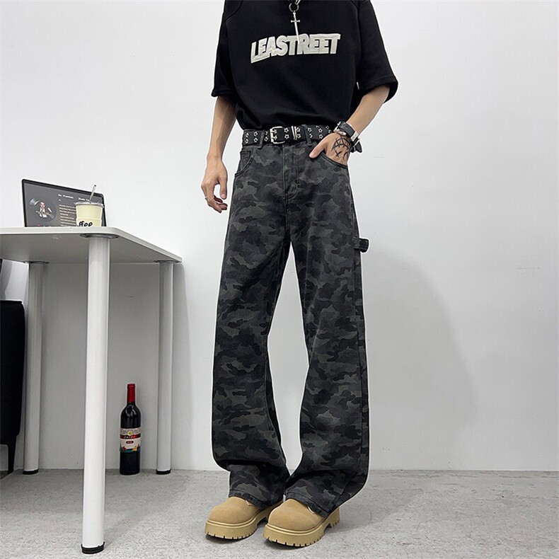 高街vibe迷彩弯刀牛仔裤显瘦垂感美式新款宽松直筒阔腿裤HG87 P42图片