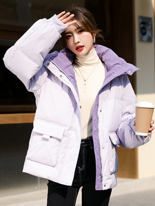 【现货】加厚冬季短款羽绒服女纯色面包服连帽撞色拼接潮图片