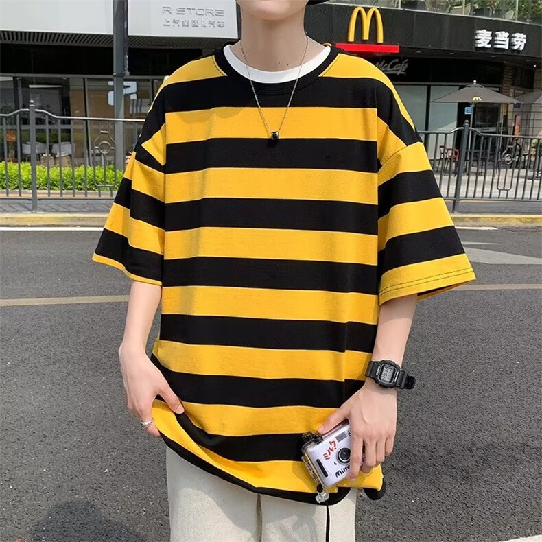 夏季ins潮牌宽松情侣半袖上衣日系复古条纹短袖T恤男T1431-P18,男装T恤,星座512-2