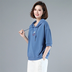 2023年夏季新款潮刺绣卫衣女连帽衫韩版休闲百搭短袖T恤女打底衫，女装卫衣/绒衫，简韵佳