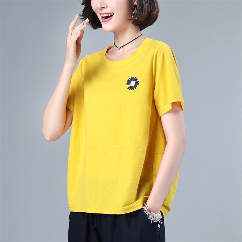 夏装新款T恤小衫女小雏菊绣花点缀宽松显瘦图片