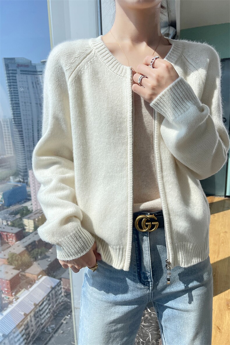 女士秋季新款时尚简约百搭宽松短款拉链羊毛开衫,女装羊毛衫,悦玛羊绒