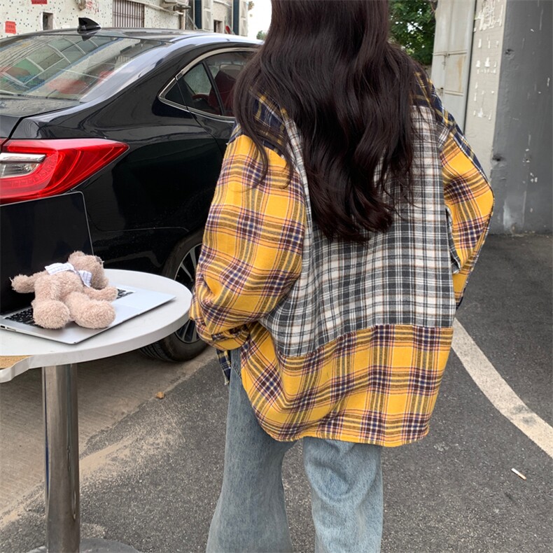 D572-P50设计感拼接格纹长袖衬衫秋季新款复古休闲宽松衬衣,男装衬衫,星座911