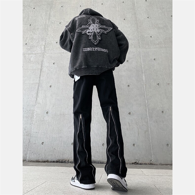 高街牛仔裤黑色拉链款直筒裤裤715-6-BX19P65（控88）,男装牛仔裤,星座715-6