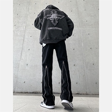 高街牛仔裤黑色拉链款直筒裤裤715-6-BX19P65（控88），男装牛仔裤，星座715-6