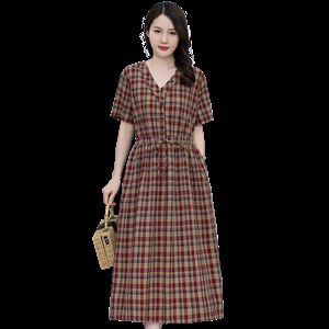 现货，2022年夏季新款女装时尚文艺休闲棉麻连衣裙格子图片