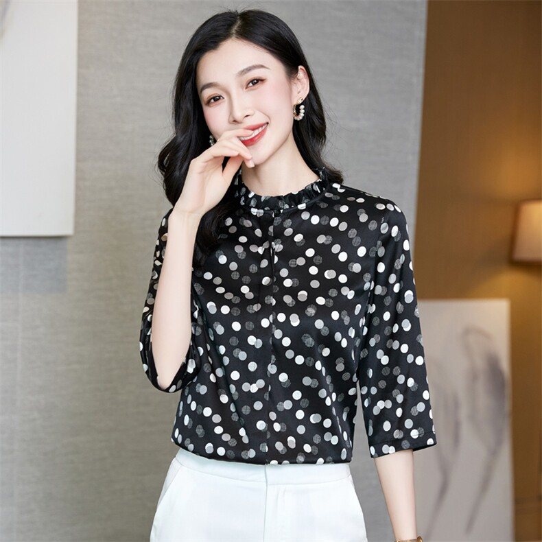 高档品牌重磅真丝衬衫女中袖桑蚕丝2025新款气质波点洋气大码上衣,女装衬衫,阿舍尔精品