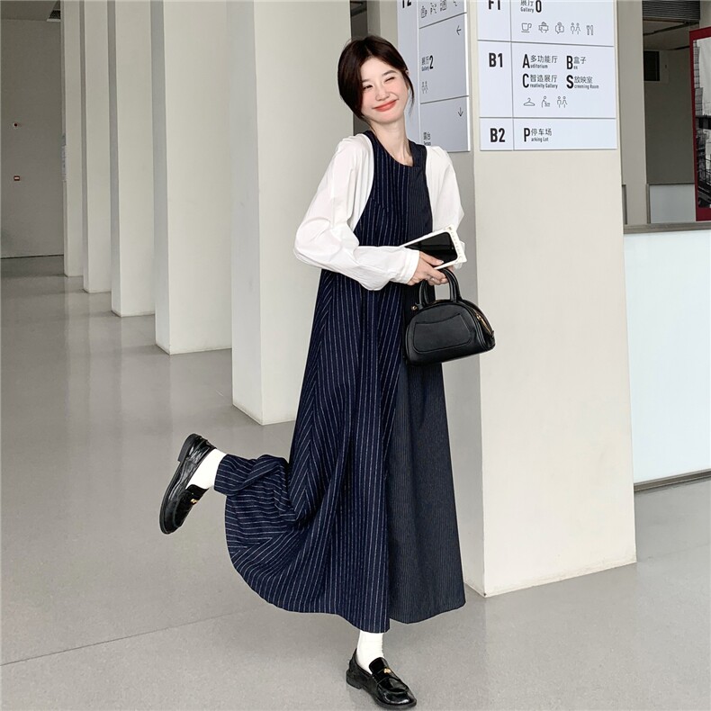 减龄条纹拼接假两件连衣裙女2025春秋季新款韩系宽松显瘦遮肉长裙,女装连衣裙,2C167