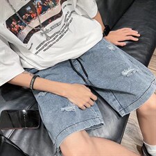 夏季破洞短裤男牛仔裤子潮流中裤港风五分裤薄款直筒裤D1436-P35，男装牛仔裤，星座1008-2