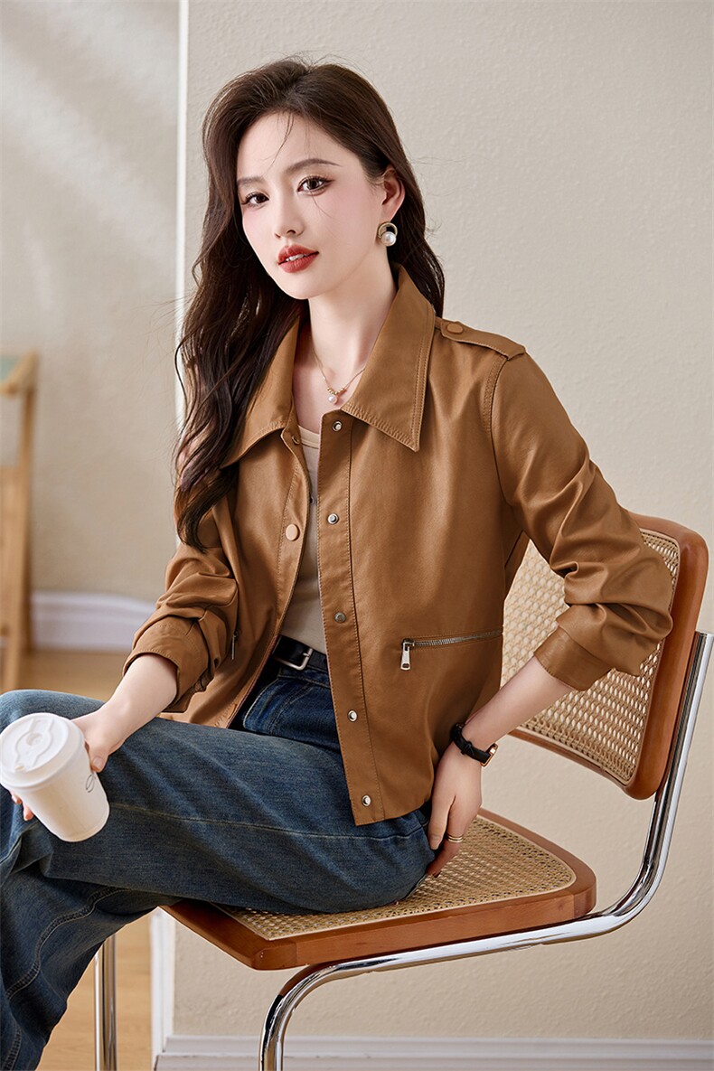皮衣外套女短款2025年新款春秋时尚设计感洋气显瘦薄款小个子夹克,女装皮衣,臻衣坊