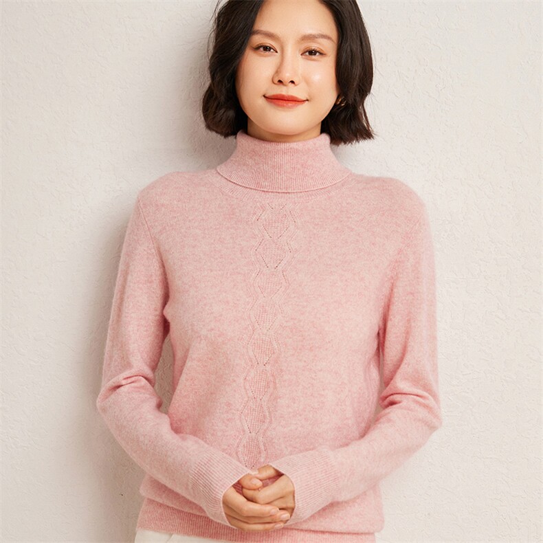 秋冬季35%羊绒65%羊毛休闲百搭12针高领中间绞花羊绒衫,女装羊绒衫,广悦羊绒