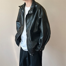 主推现货新款立领皮衣外套男宽松休闲机车皮夹克A351-AP2465-P105，男装夹克，电商A351
