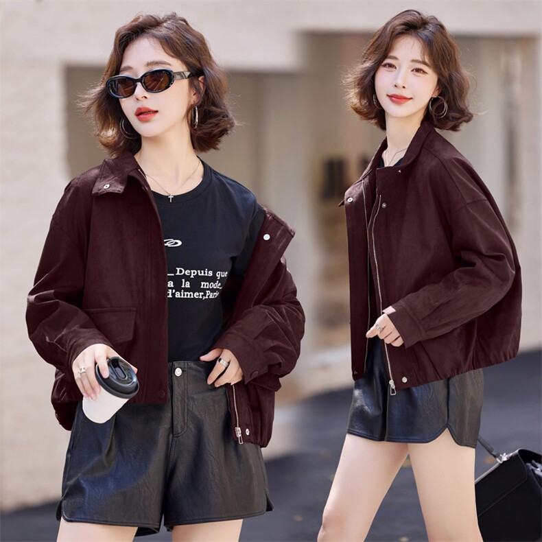 咖色鹿皮绒短外套女2025秋季新款韩版时尚机车服休闲工装夹克上衣,女装短外套,意芙