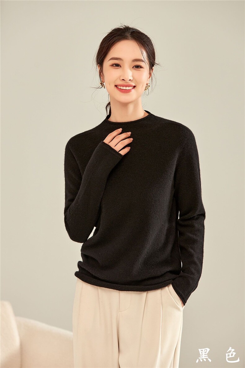 秋冬新款卷边自由领羊绒衫女纯山羊绒宽松卷边打底衫针织毛衣,女装羊绒衫,卓冠羊绒