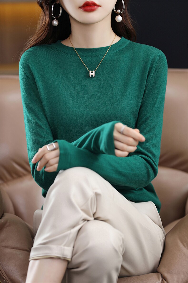 精纺细羊毛针织打底衫女圆领气质通勤长袖套头薄毛衣内搭韩版简约,女装T恤,凯思米羊绒