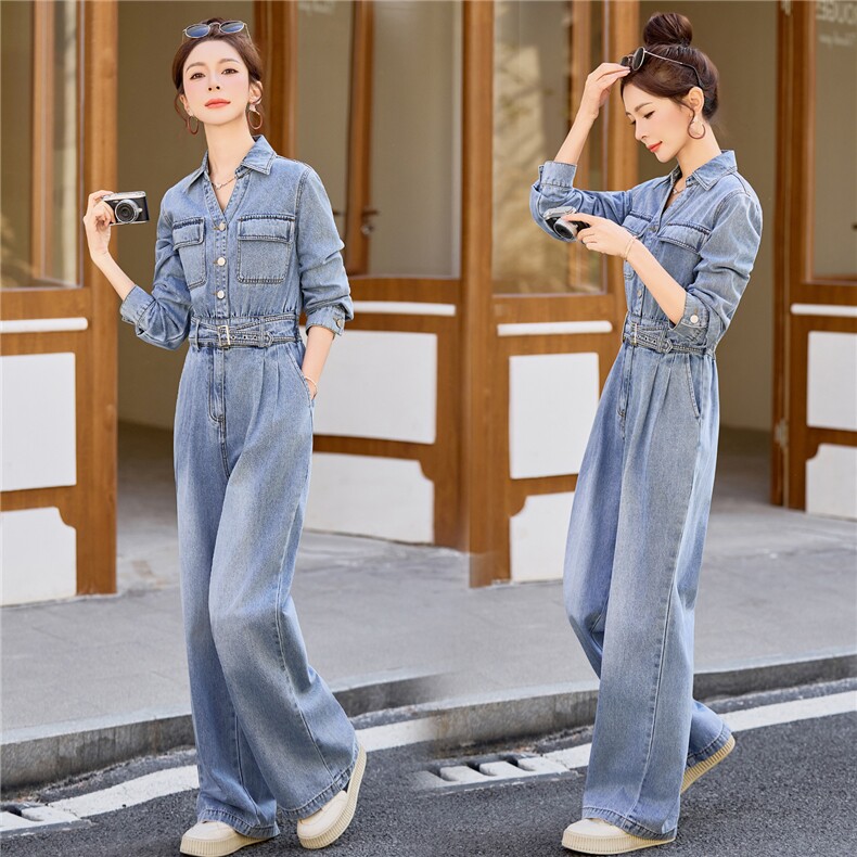 （新款现货）2026春装时尚休闲显瘦工装v领牛仔阔腿腰带连体裤女，女装连体裤，印象茜