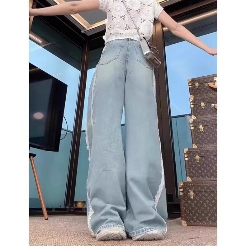 阔腿蕾丝牛仔裤女2025年新款显瘦大码拖地宽松设计感直筒-网图,女装牛仔裤,星座302B-2