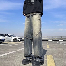 美式高街vibe复古做旧拼接牛仔裤男嘻哈设计感宽松阔腿垂坠感裤子，男装牛仔裤，星座410-6（原星座1304-1）