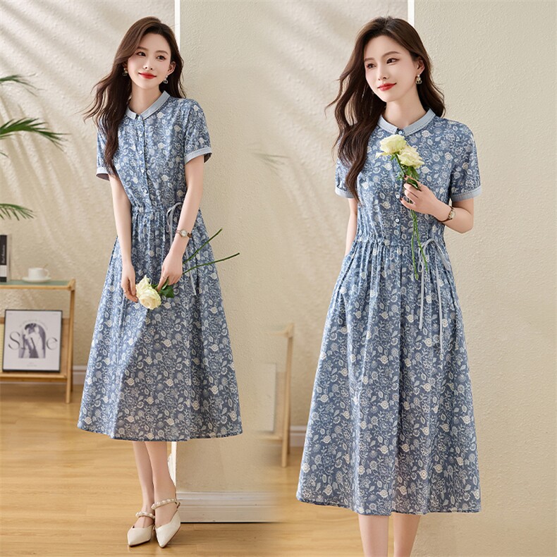 高级感气质纯棉女士连衣裙2026新款妈妈收腰显瘦碎花裙贵夫人裙子，女装连衣裙，倪叶myz