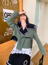 大翻领绿格纹套装，女装职业装，YOUER DENG