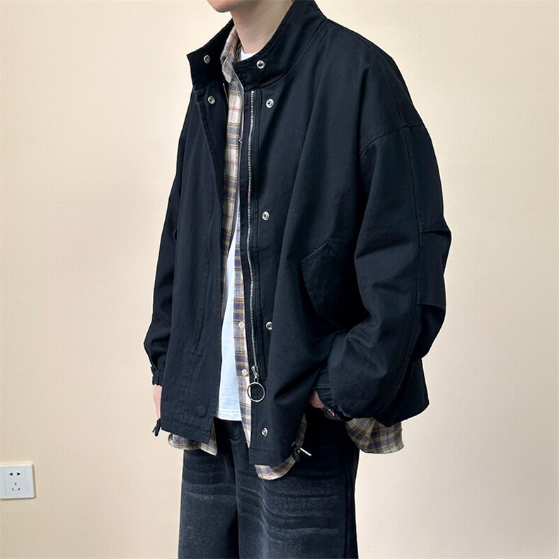 现货水洗棉立领夹克韩版宽松工装休闲外套港风抽绳A114-P90,男装夹克,电商A351