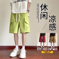抖音品质工装短裤男潮牌系带阔腿五分裤A146-GY501特p35量大优，男装牛仔裤，HDA146