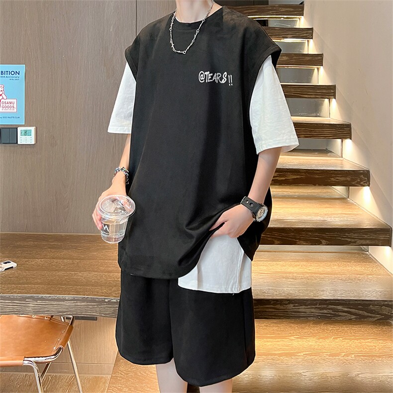 直播美式麂皮绒宽松背心无袖t恤短裤大码两件套套装TZ33-P58,男装T恤,电商A486