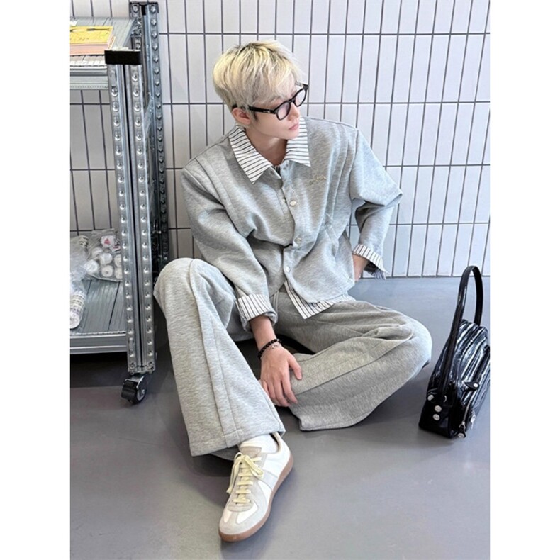 假两件条纹拼接衬衫卫衣男款翻领高级感衬衣痞帅开衫外套JKY735,男装衬衫,星座516A