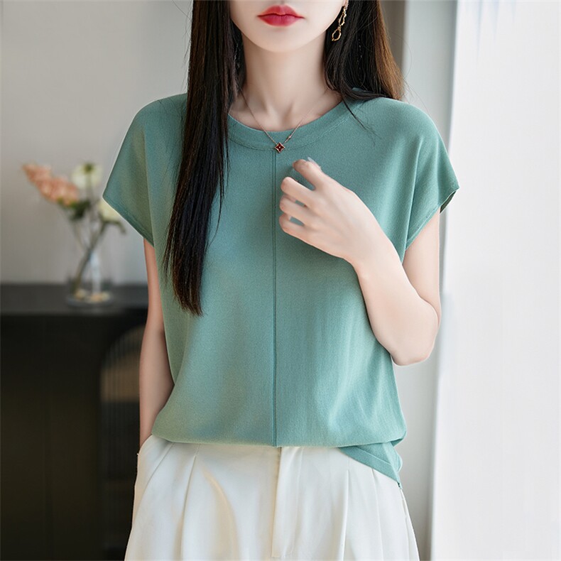 2025夏季圆领短袖女士薄款透气针织T恤衫显瘦时尚洋气小飞袖半袖，女装T恤，暖烁特种纱工厂店