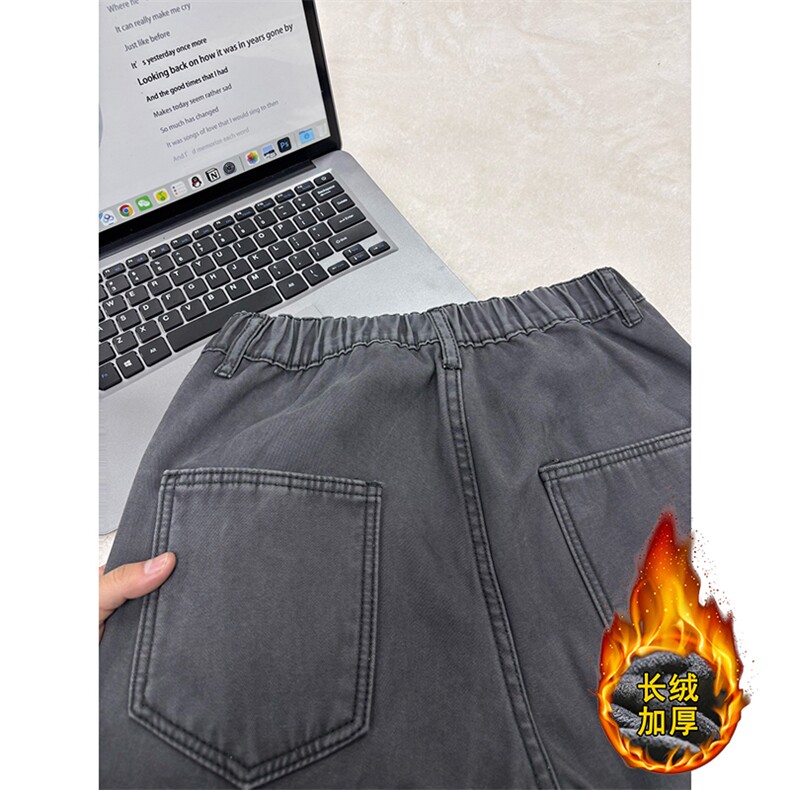B221美式ins高街斜切宽松加绒洗褪工装牛仔裤LK25602-特P60控108,男装牛仔裤,电商B221