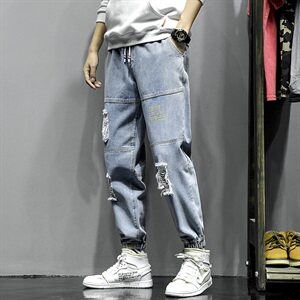 2021春季新大码日系束脚字母印花破洞拼接九分牛仔裤男N8102-P55图片