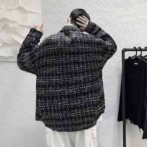 痞帅外套男ins潮牌港风格纹编织毛呢外套衬衫RC30P50图片