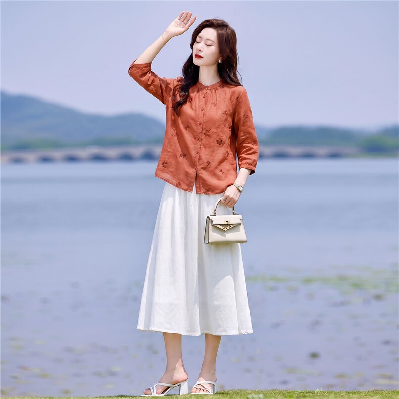 2026年夏季苎麻绣花上衣中高腰半身裙宽松型两件套,女装套装/套裙,靓衣阁