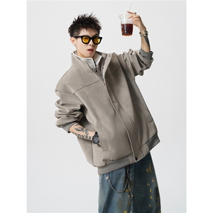 无影墙内里扎染卫衣假两件M-5XL大码皮衣男夹克JK78108P85控138图片