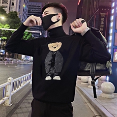 LV103/特P93控123冬季社会小伙高领刺绣小熊针织衫打底毛衣男黑1，男装T恤，星座305B