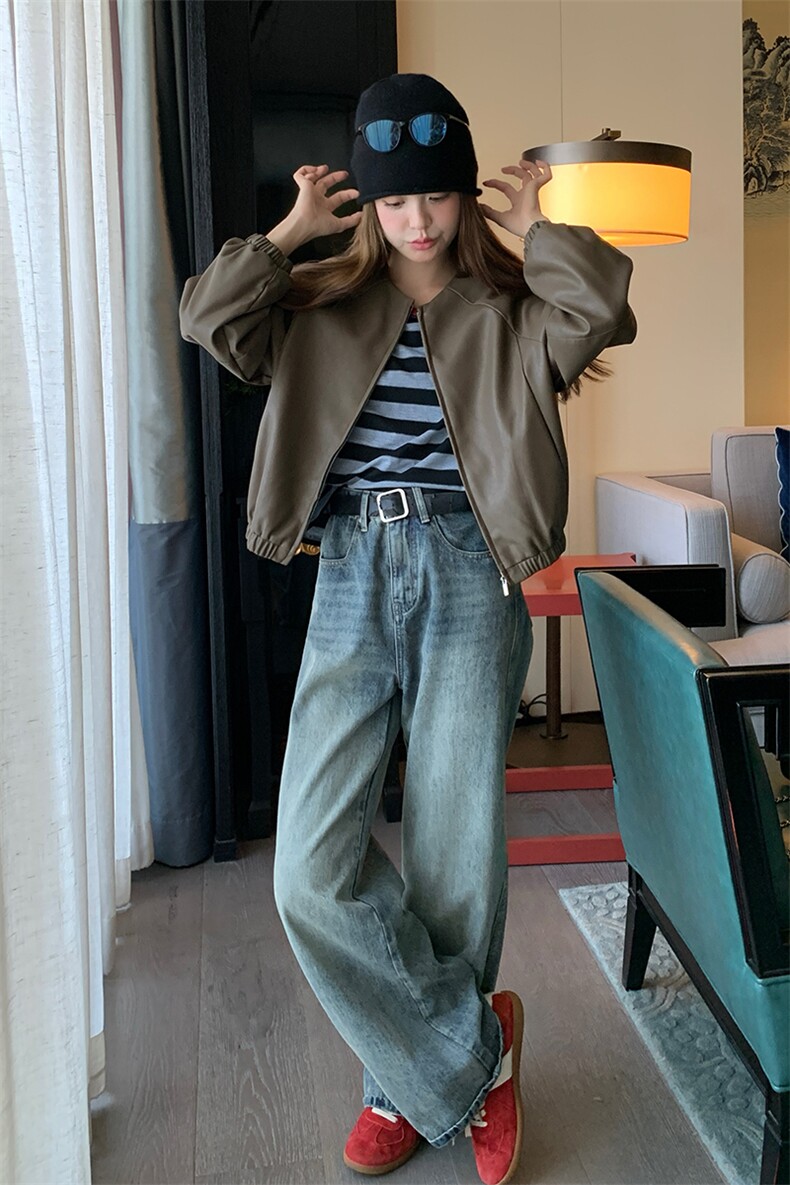 美式复古短款皮衣外套女2024秋季新款做旧减龄小个子炸街夹克上衣,女装皮衣,浙宝285（原212）