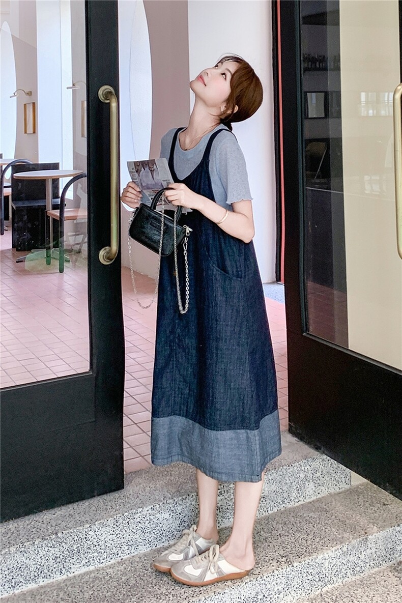 俏皮减龄撞色淡人牛仔背带裙套装女2025夏季减龄百搭款T恤两件套,女装套装/套裙,2B237