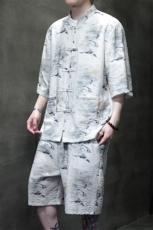 2025夏季新款男风冰丝唐装民族风印花套装短袖+短裤A113-P80，男装休闲套装，电商B277(原6028)