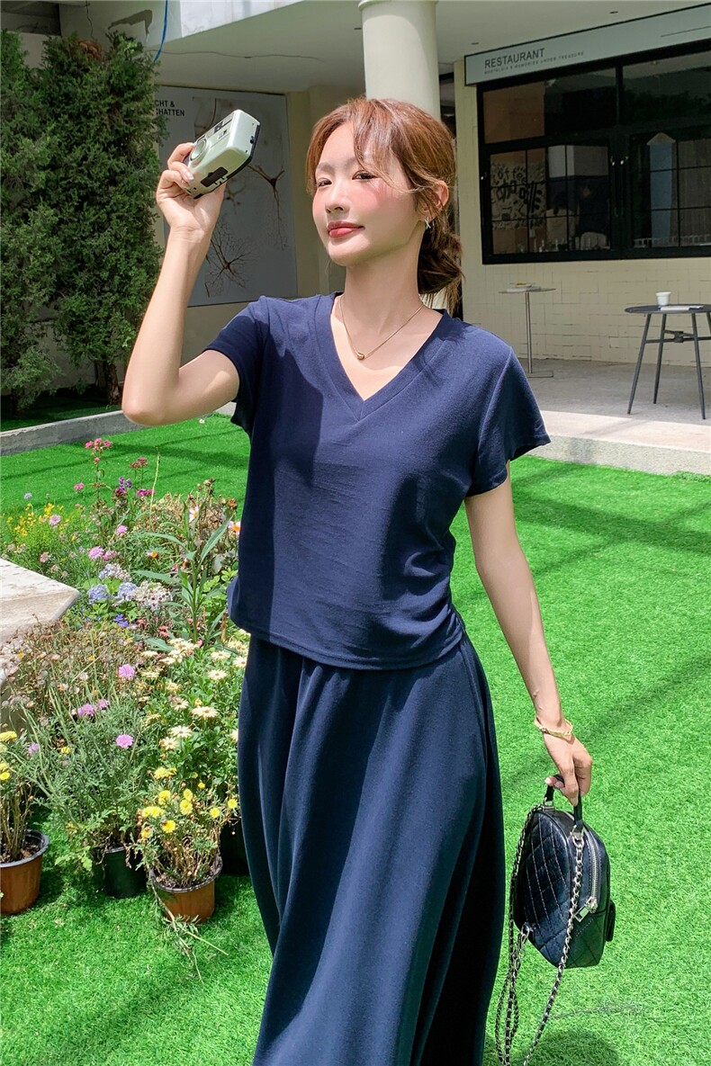 黑色后背镂空T恤半身裙套装女2025夏季新款韩系休闲显瘦两件套潮,女装套装/套裙,红龙果