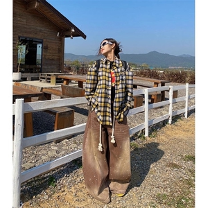 珍珠刺绣长袖格子衬衫宽松高街帅文艺2025夏秋ins外套CY1192-P46图片