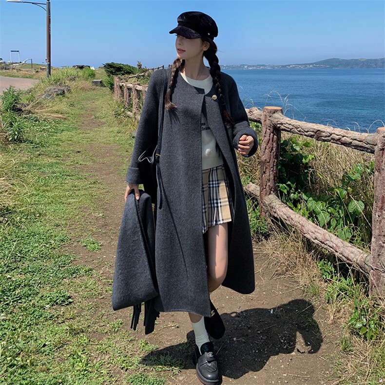 现货手工缝制70羊毛双面呢大衣配围巾210-651-P270-K398，女装双面呢大衣，韩蜜菓