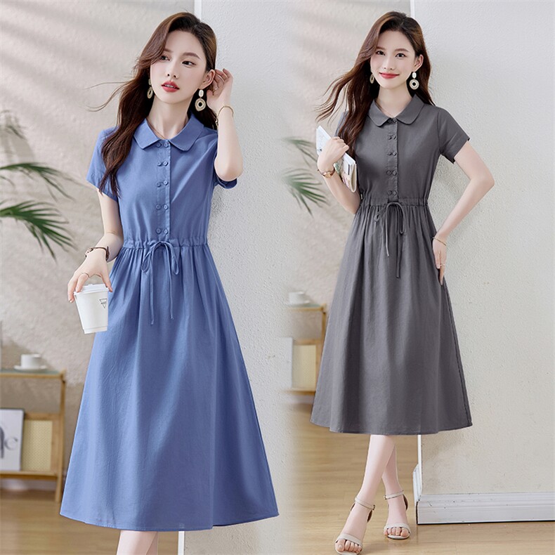 高级棉麻衬衫连衣裙女2025夏季新款气质妈妈纯色显瘦纯棉长款裙子，女装连衣裙，鑫思依格