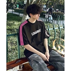 抖音得物品质二开240克宽松纯棉美式潮牌印花三条杠中性风短袖T恤，男装T恤，电商A486-1