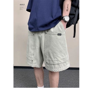 REEZ店主穿搭水洗伐木牛仔短裤男夏季宽松阔腿直筒短裤 ND1105图片