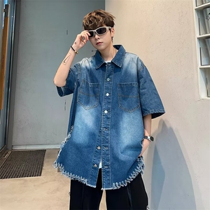 夏款男短袖牛仔衬衫工装破洞流苏大口袋五分袖衬衣CS916 P55图片